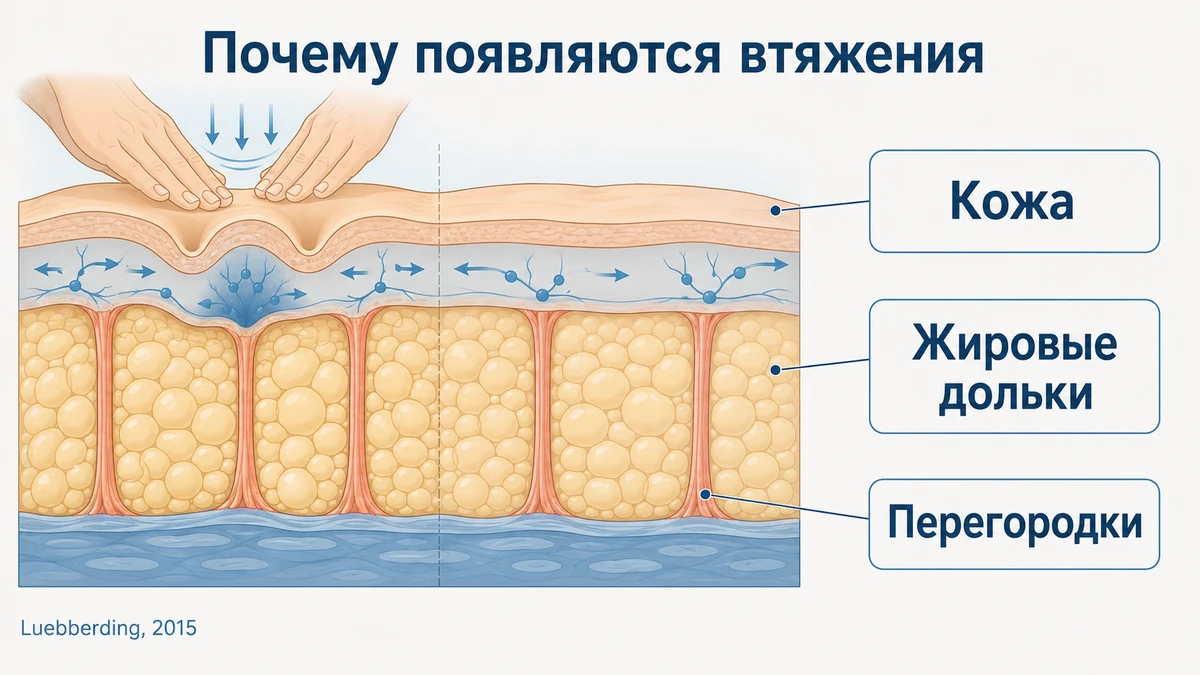 Схема: как антицеллюлитный массаж влияет на подкожную жировую клетчатку и отёк