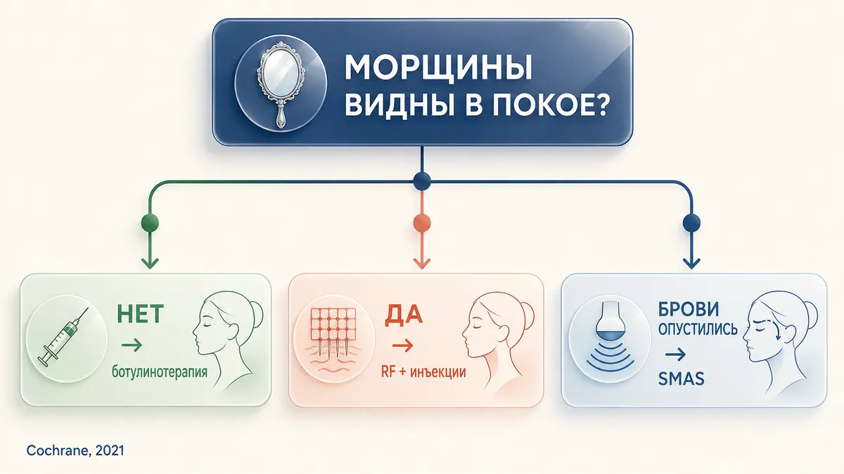 Тип морщин определяет метод: мимические — ботулинотерапия, качество кожи — RF, опущение тканей — SMAS Дерево решений: как убрать морщины на лбу — выбор метода по типу морщин