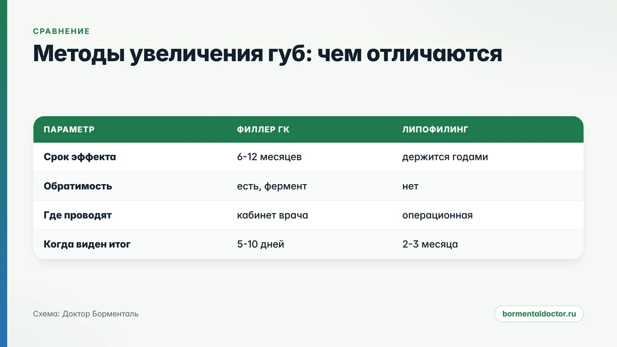 сравнение методов: филлер с гиалуроновой кислотой и липофилинг губ