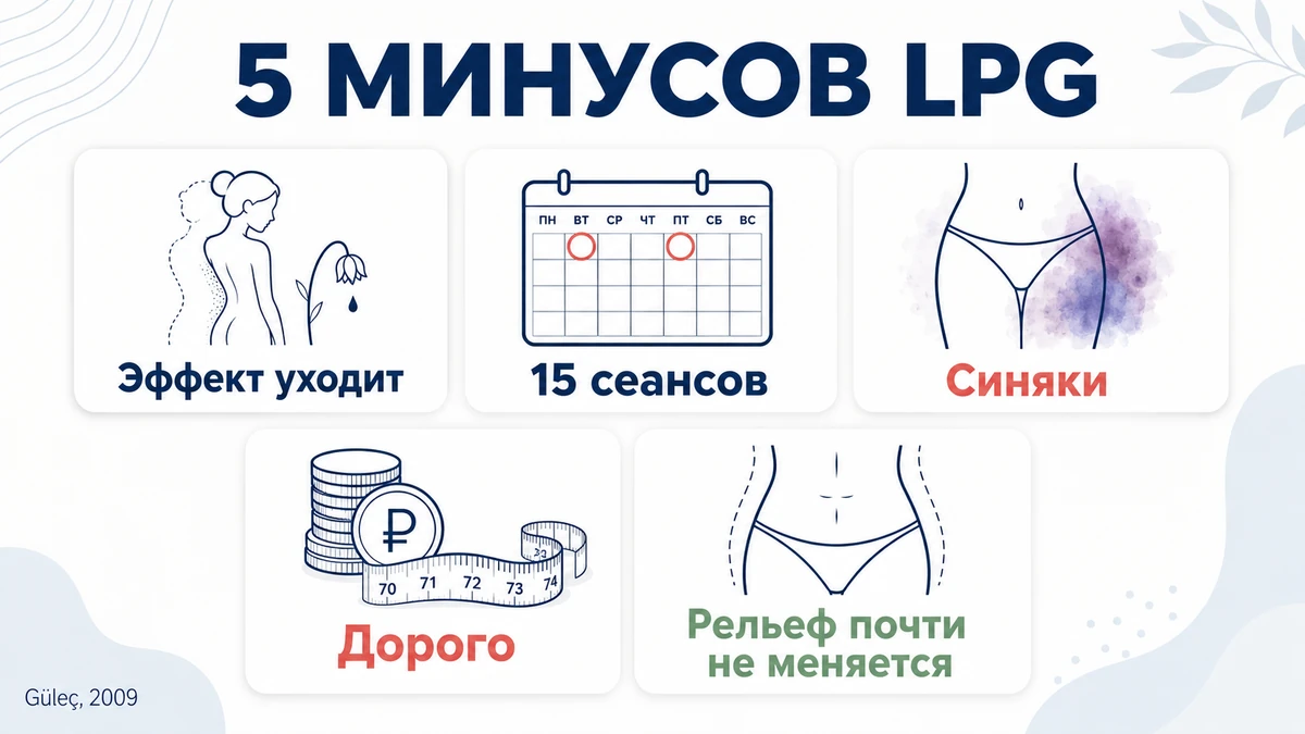Минусы LPG-массажа: нестойкий эффект, длинный курс, боль, синяки, слабое влияние на целлюлит