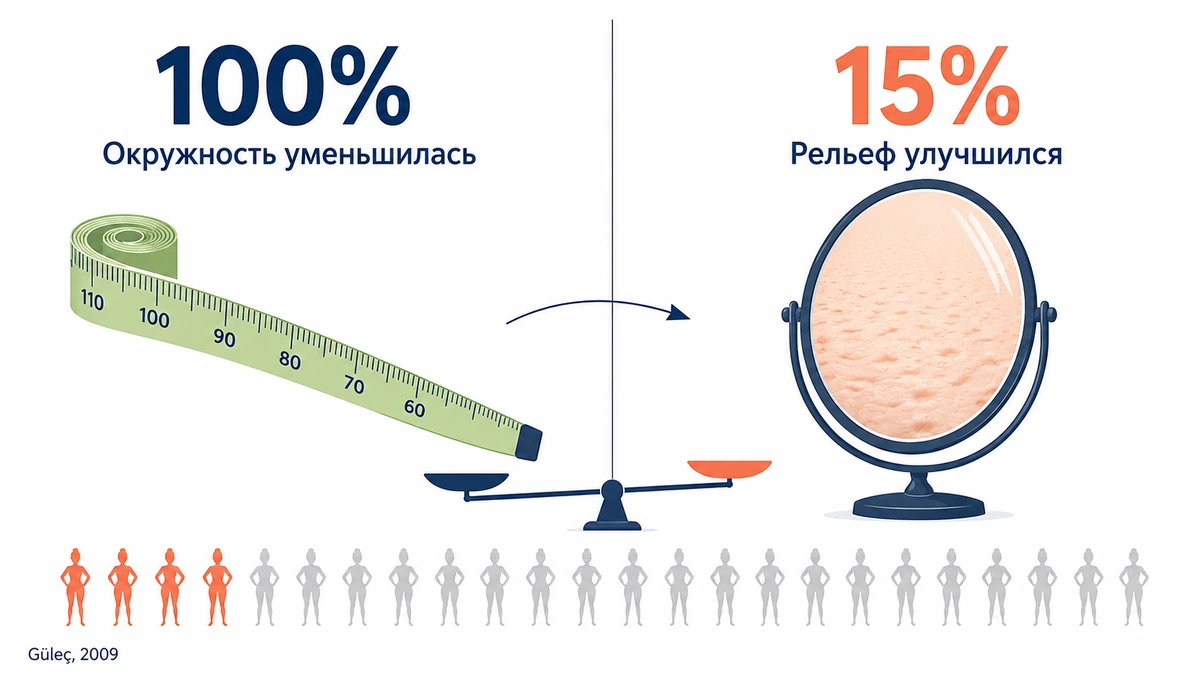 Минусы LPG-массажа в цифрах: окружность уменьшилась у всех, вид целлюлита улучшился у 15%