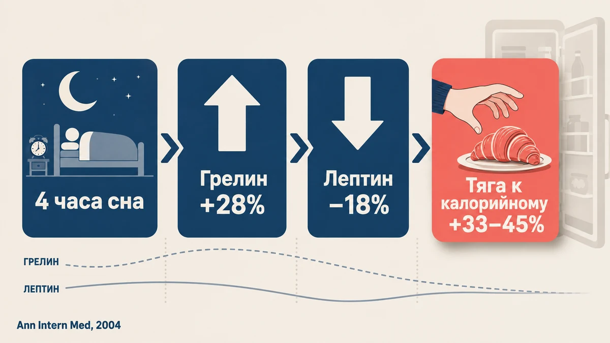 Две ночи короткого сна поднимают грелин на 28% и усиливают тягу к калорийному на 33–45% схема: как недосып повышает грелин на 28% и усиливает тягу к калорийной еде