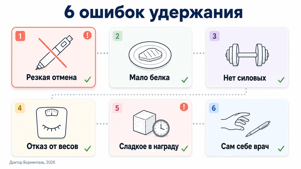 Карточки с шестью частыми ошибками после Семавика, из-за которых возвращается вес