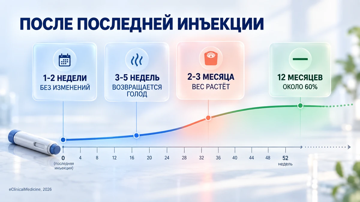 отмена семаглутида: таймлайн возврата веса по неделям от последней инъекции до года
