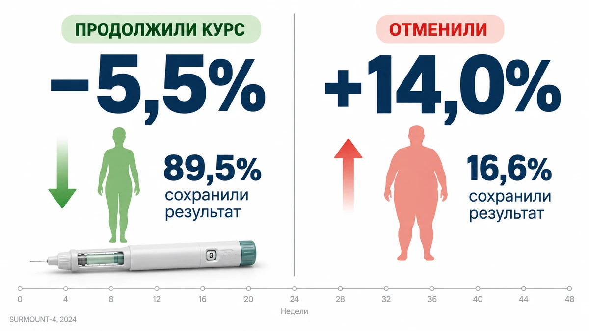 Отмена Тирзетты и продолжение терапии: сравнение изменения веса за 52 недели по данным SURMOUNT-4
