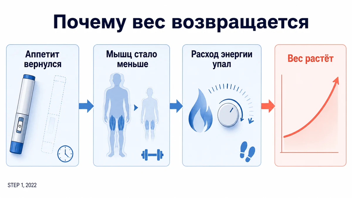 Схема: почему вес возвращается после Семавика &mdash; три механизма от отмены препарата к набору