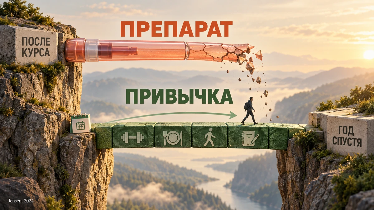 схема: после отмены препарата вес удерживает не лекарство, а сформированная привычка питания и тренировок