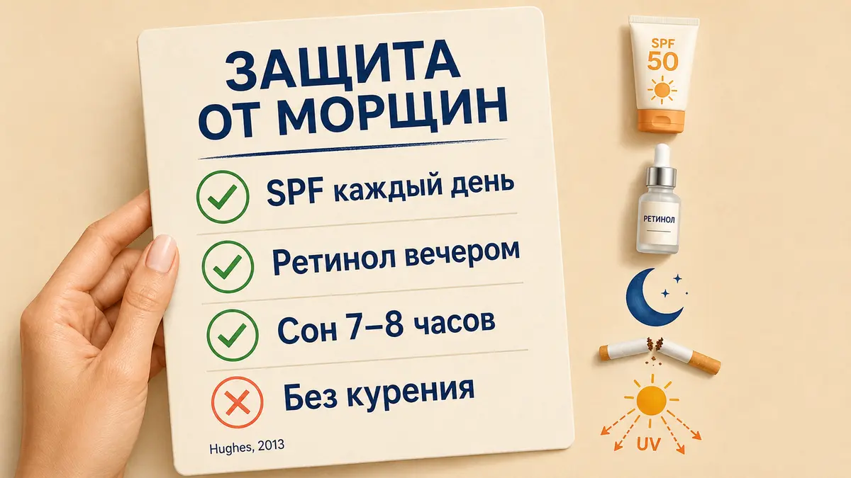 Профилактика не убирает заломы, но заметно откладывает их появление Профилактика морщин на лбу: SPF ежедневно, ретинол, сон, отказ от курения