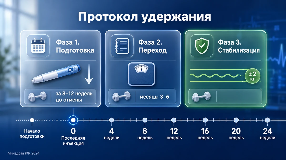 Таймлайн протокола удержания веса на шесть месяцев по трём фазам