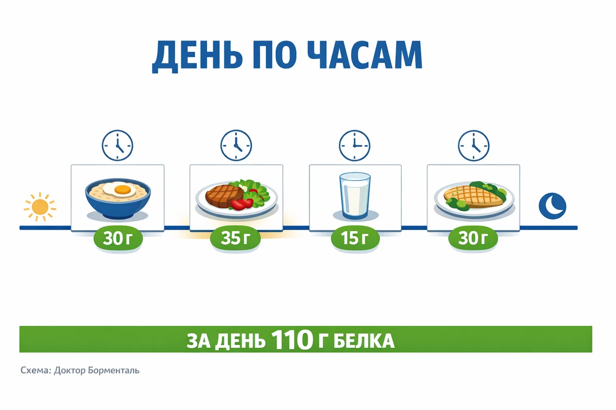 рацион на неделю: день по часам - завтрак, обед, перекус и ужин с распределением белка