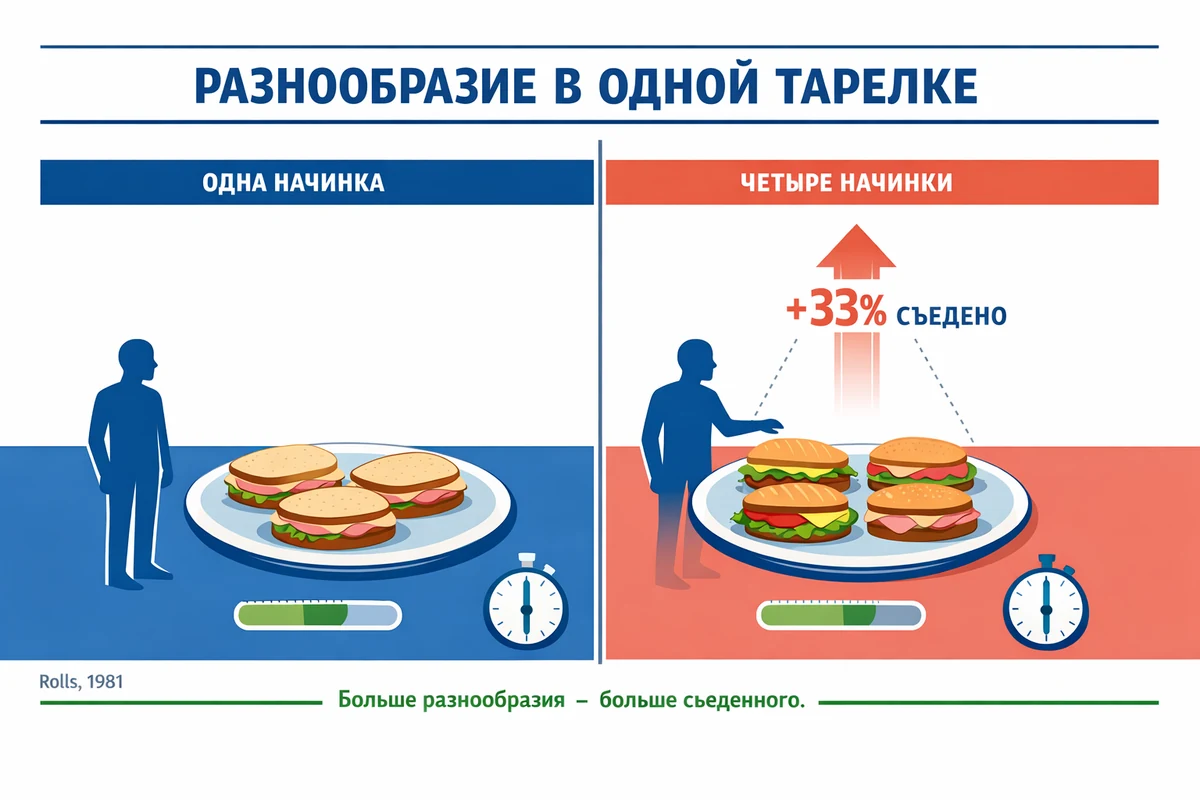 схема эксперимента: четыре разные начинки против одной, разница в съеденном около трети