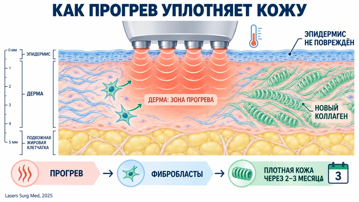 Схема: как RF-лифтинг тела прогревает дерму и запускает синтез нового коллагена