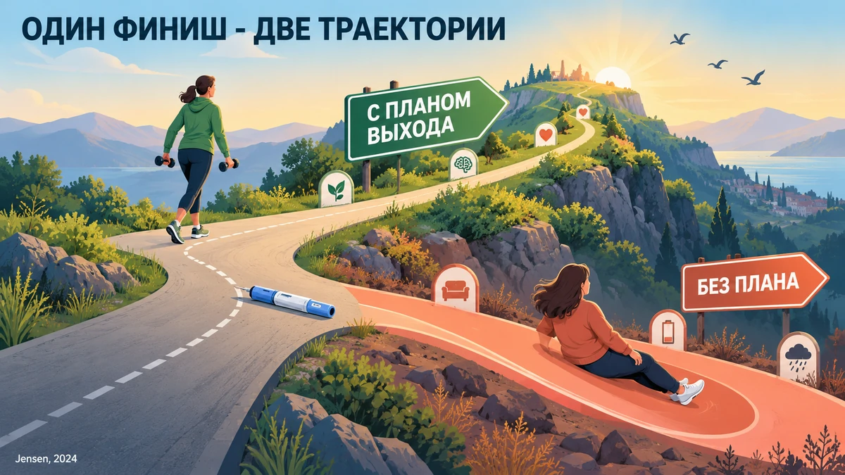 две траектории после последней инъекции: человек с планом выхода и без плана, редакционная иллюстрация
