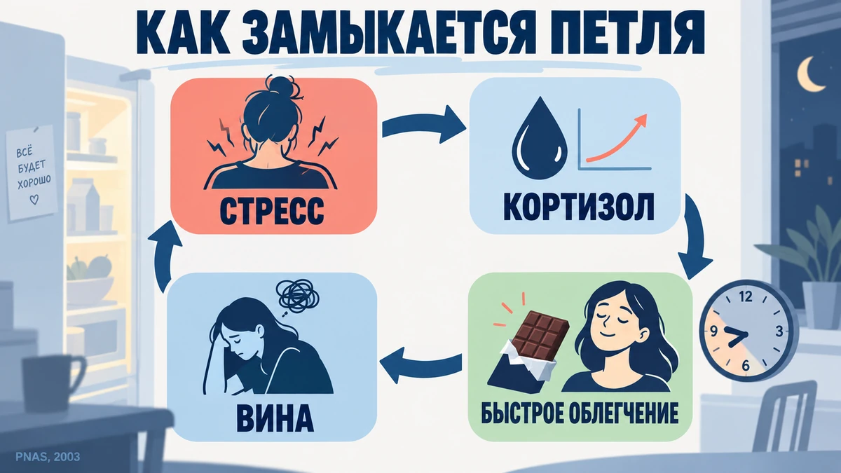 заедание стресса: схема механизма от кортизола до чувства вины