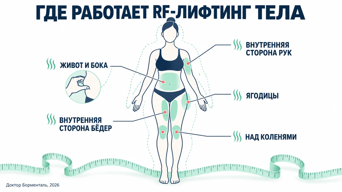 Зоны RF-лифтинга тела после похудения: живот, руки, внутренняя поверхность бёдер, колени